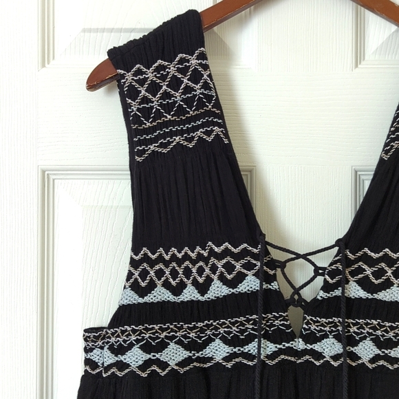 Free People Simply Embroidered Yoke Sleeveless Lace Up V-neck Mini Dress Black L - Picture 3 of 13